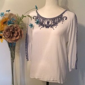 SOLD Embroidered Blouse - White with Navy Blue